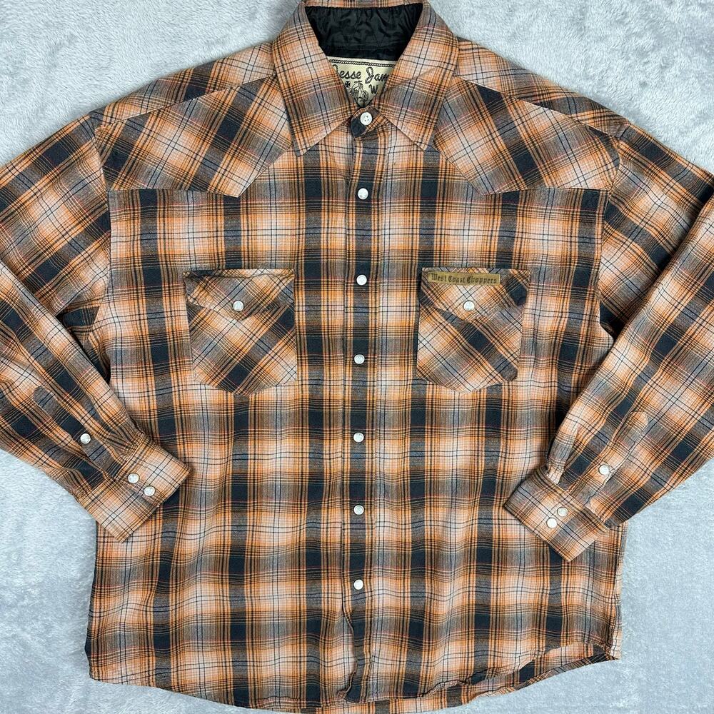 West Coast Choppers Jesse James Orange Plaid Flannel Pearl Snap Shirt Mens L